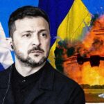 zelensky and putin in front of flags and war()