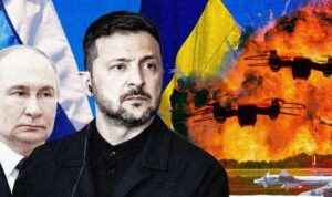 zelensky and putin in front of flags and war()