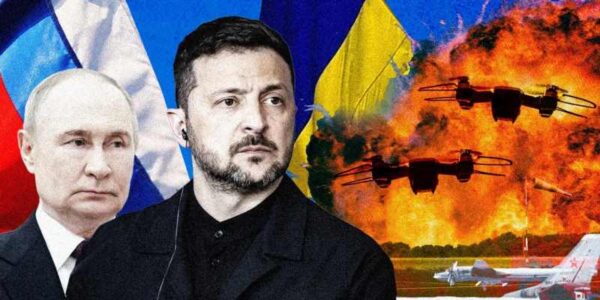 zelensky and putin in front of flags and war()