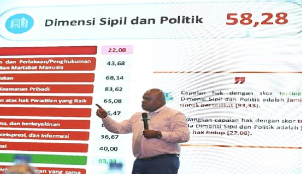 Menteri HAM Natalius Pigai menyampaikan paparan saat kegiatan Kelas Jurnalis HAM di Parongpong Kabupaten Bandung Barat Rabu Mei