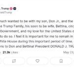 Presiden AS Donald Trump absen di pesta pernikahan putranya Trump Jr (Gambar Akun Truth Social @realDonaldTrump)