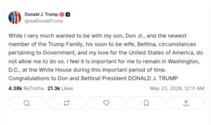 Presiden AS Donald Trump absen di pesta pernikahan putranya Trump Jr (Gambar Akun Truth Social @realDonaldTrump)