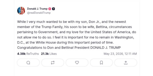 Presiden AS Donald Trump absen di pesta pernikahan putranya Trump Jr (Gambar Akun Truth Social @realDonaldTrump)